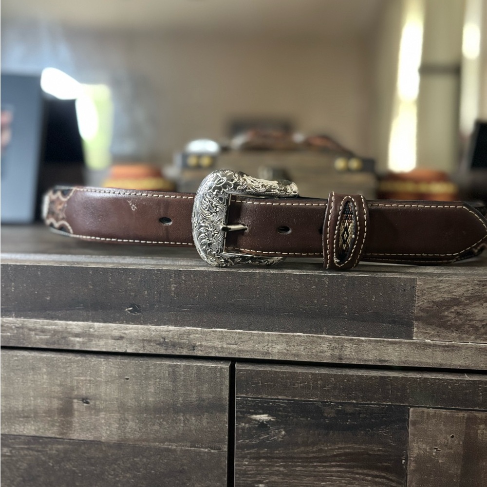 Brown Leather Belt with Silver Buckle